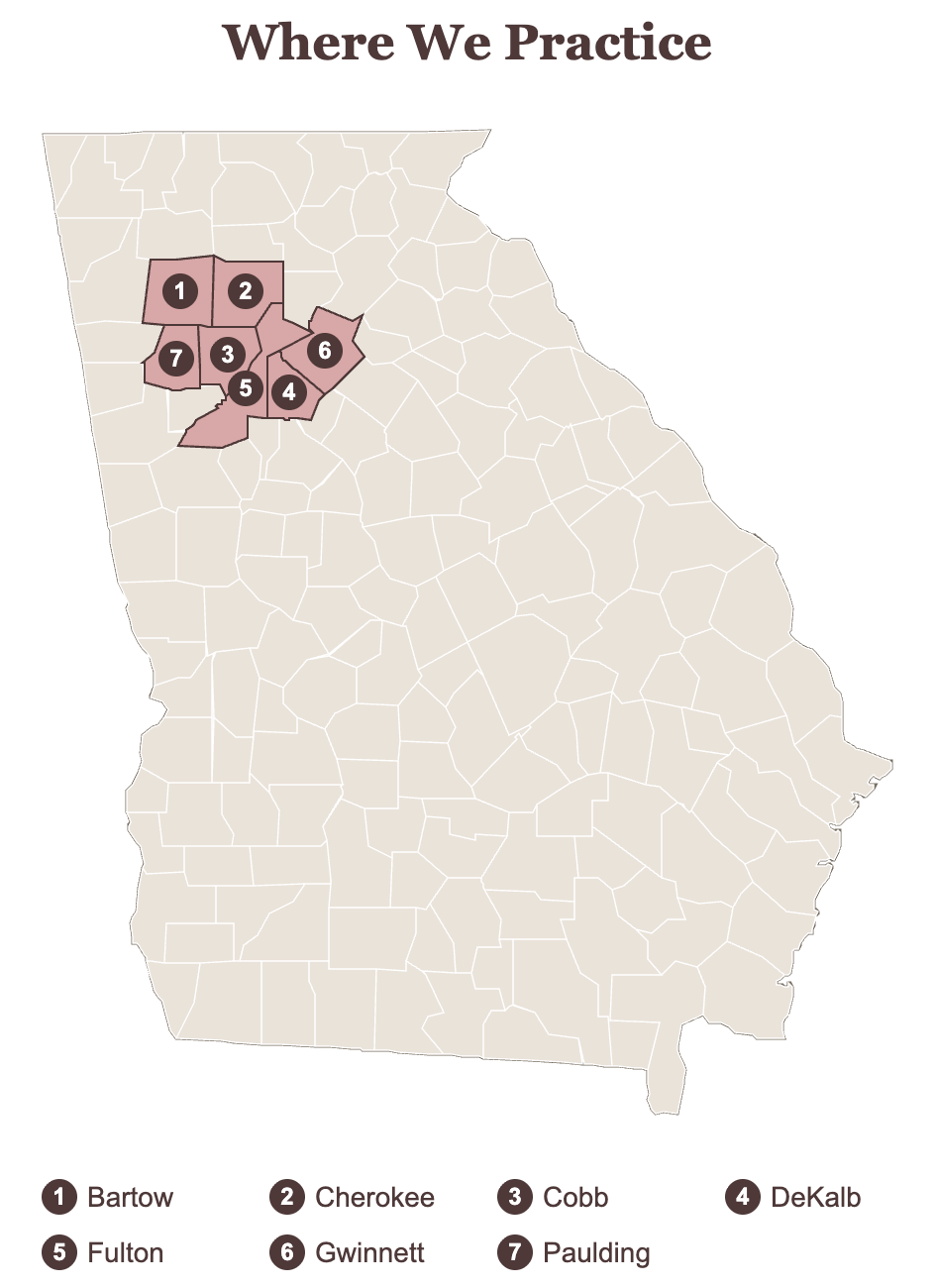 Map of Georgia highlighting the counties MM Criminal Defense serves: Cherokee, Cobb, Paulding, Bartow, Fulton, DeKalb and Gwinnett